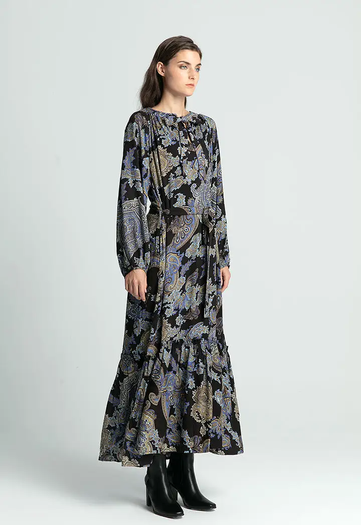 All Over Printed Neck Tie Long Dress