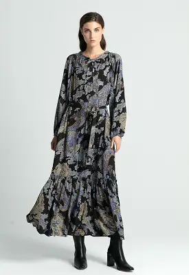 All Over Printed Neck Tie Long Dress