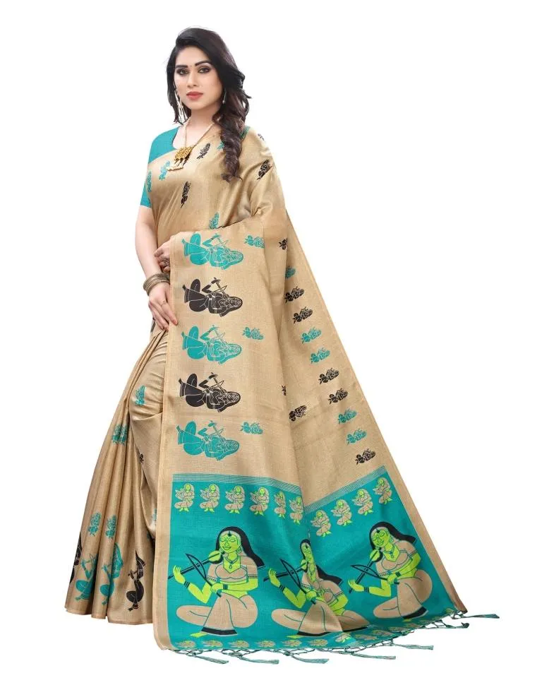 Beige Coloured Khadi Silk Printed Partywear saree