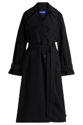 Black stretch-cotton-denim trench coat with painted motif