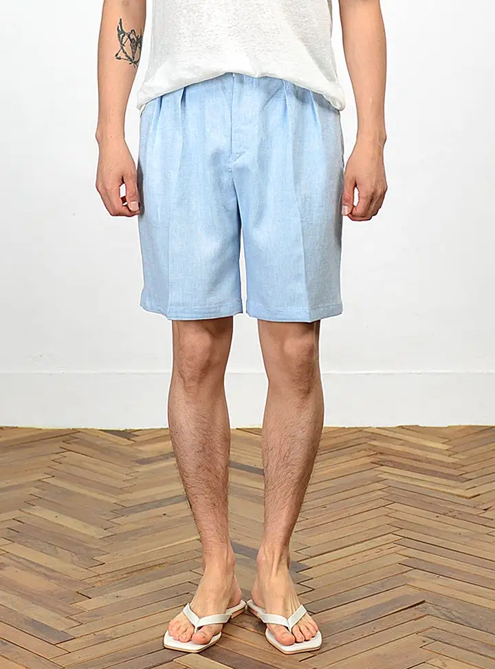 Blue Herringbone Linen Shorts For Mens Pants Summer Korean Suits