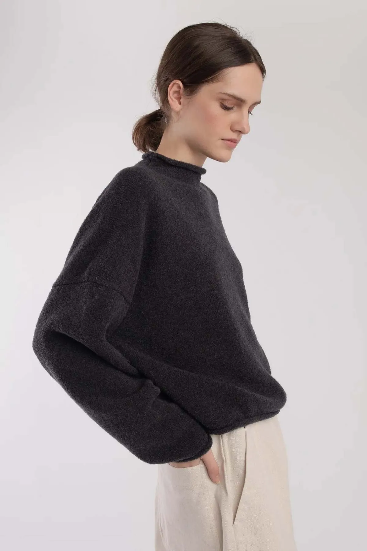 Boucle Rolled Sweater - Charcoal