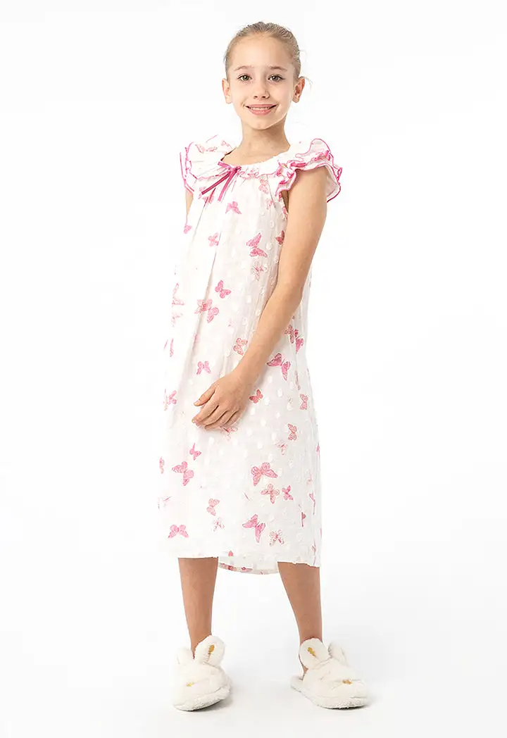 Butterflies Printed With Ribbon Night Sleepwear Dress