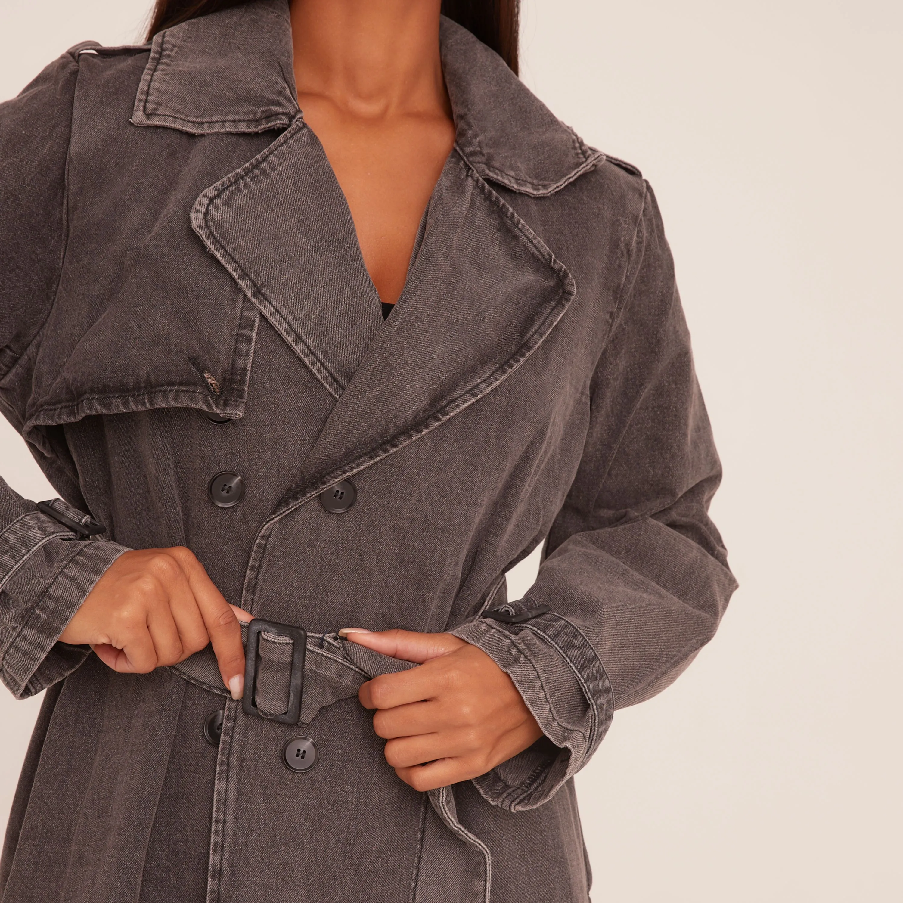 Button Front Trench Coat In Grey Denim