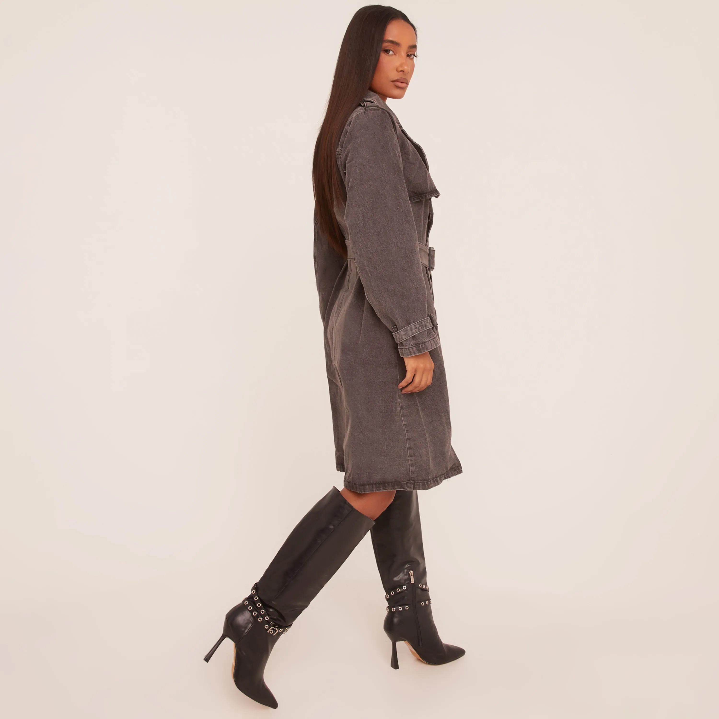 Button Front Trench Coat In Grey Denim