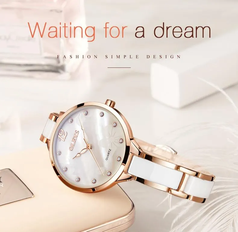 Ceramic Ladies Luxury Waterproof Rose Gold Roman Dial Quartz Watch