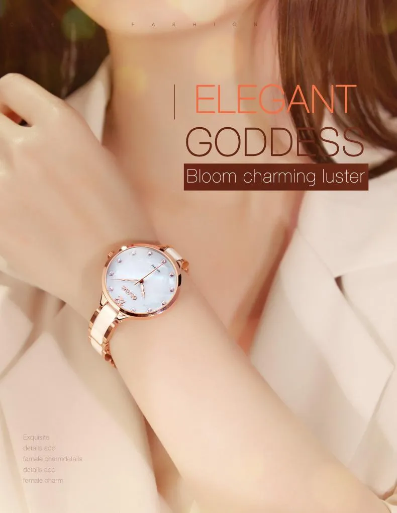 Ceramic Ladies Luxury Waterproof Rose Gold Roman Dial Quartz Watch