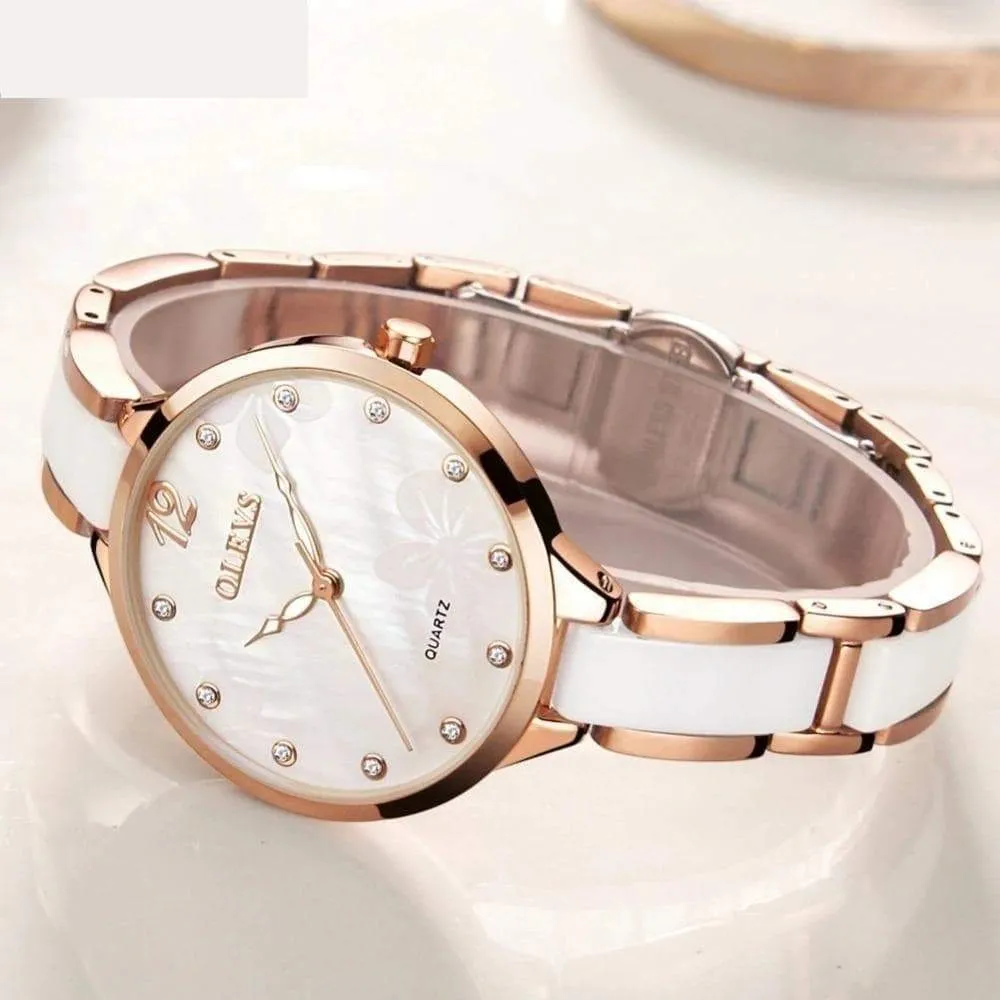 Ceramic Ladies Luxury Waterproof Rose Gold Roman Dial Quartz Watch