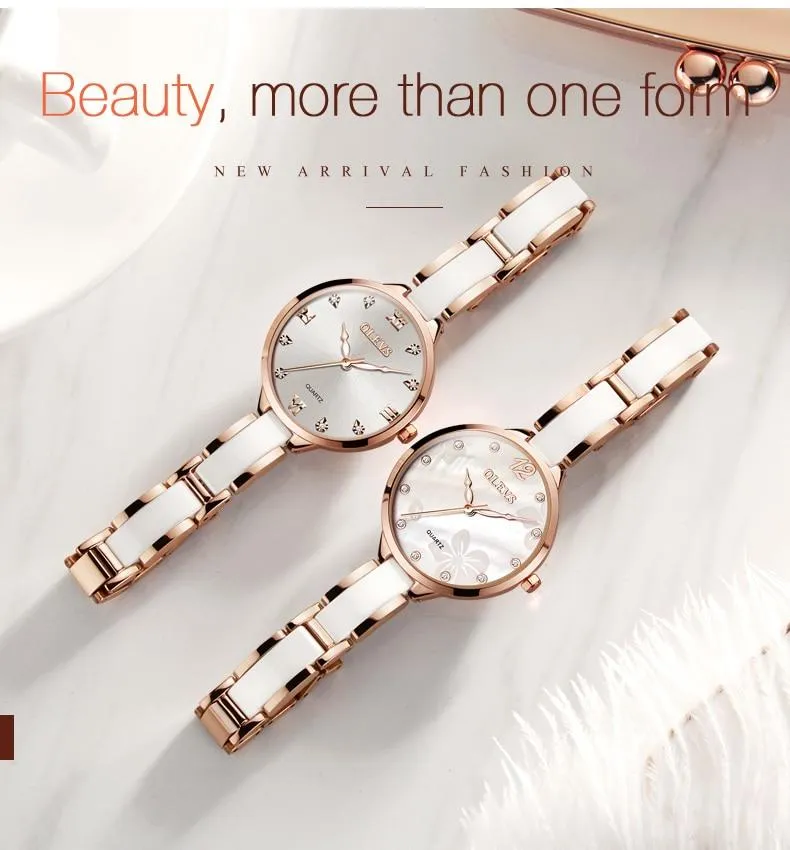 Ceramic Ladies Luxury Waterproof Rose Gold Roman Dial Quartz Watch