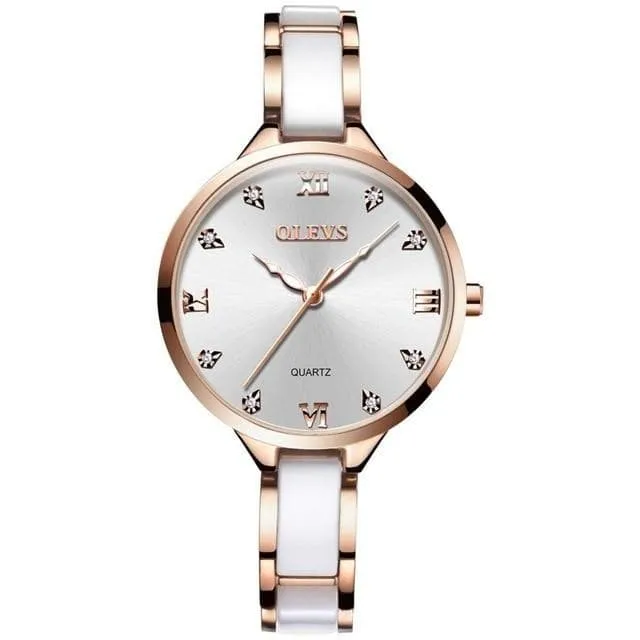 Ceramic Ladies Luxury Waterproof Rose Gold Roman Dial Quartz Watch