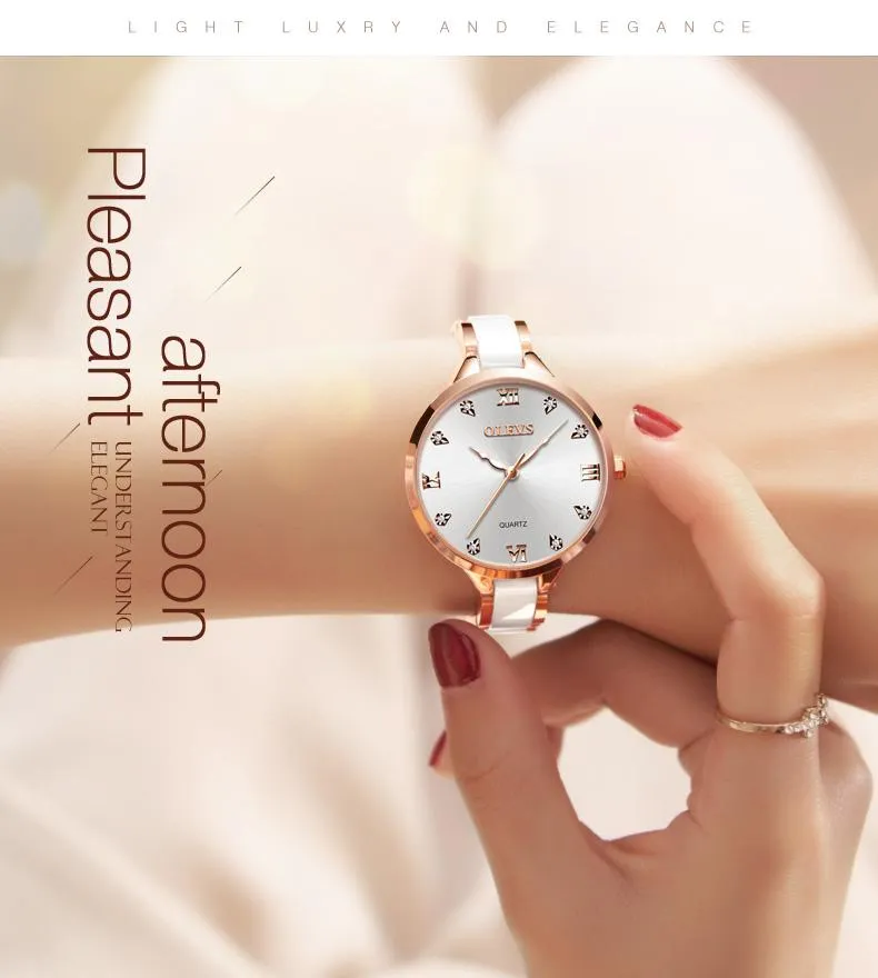 Ceramic Ladies Luxury Waterproof Rose Gold Roman Dial Quartz Watch