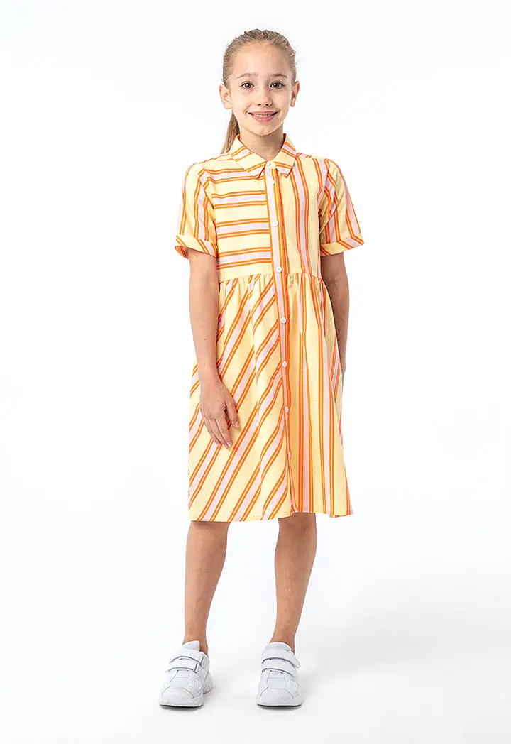 Collared All Over Striped Cotton Flared Dress