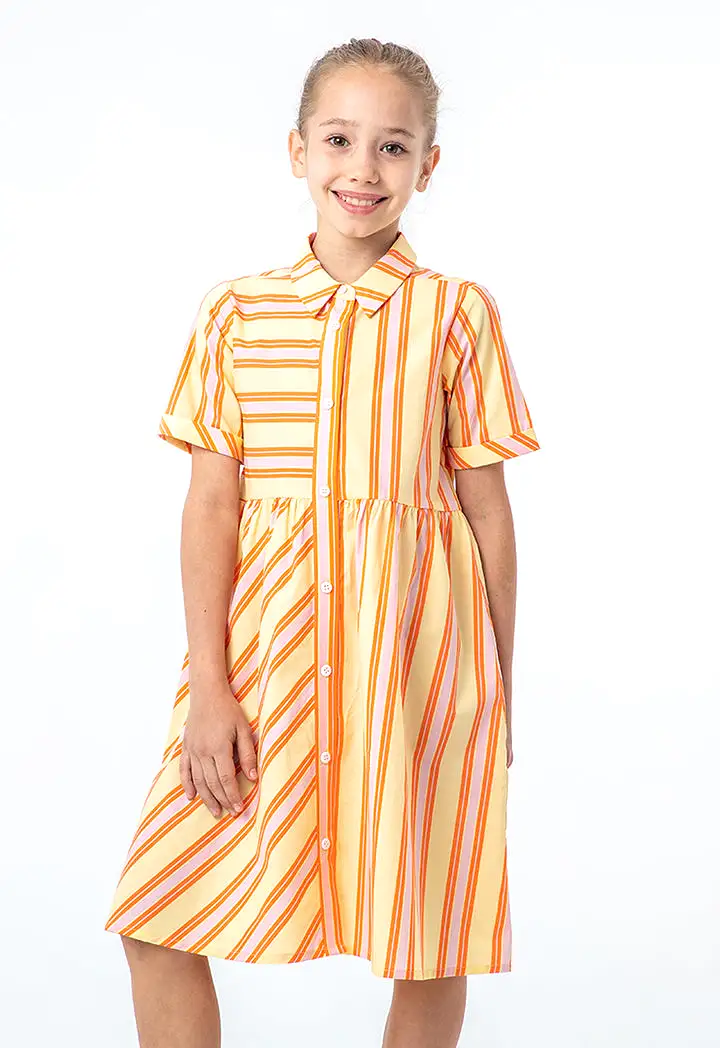 Collared All Over Striped Cotton Flared Dress