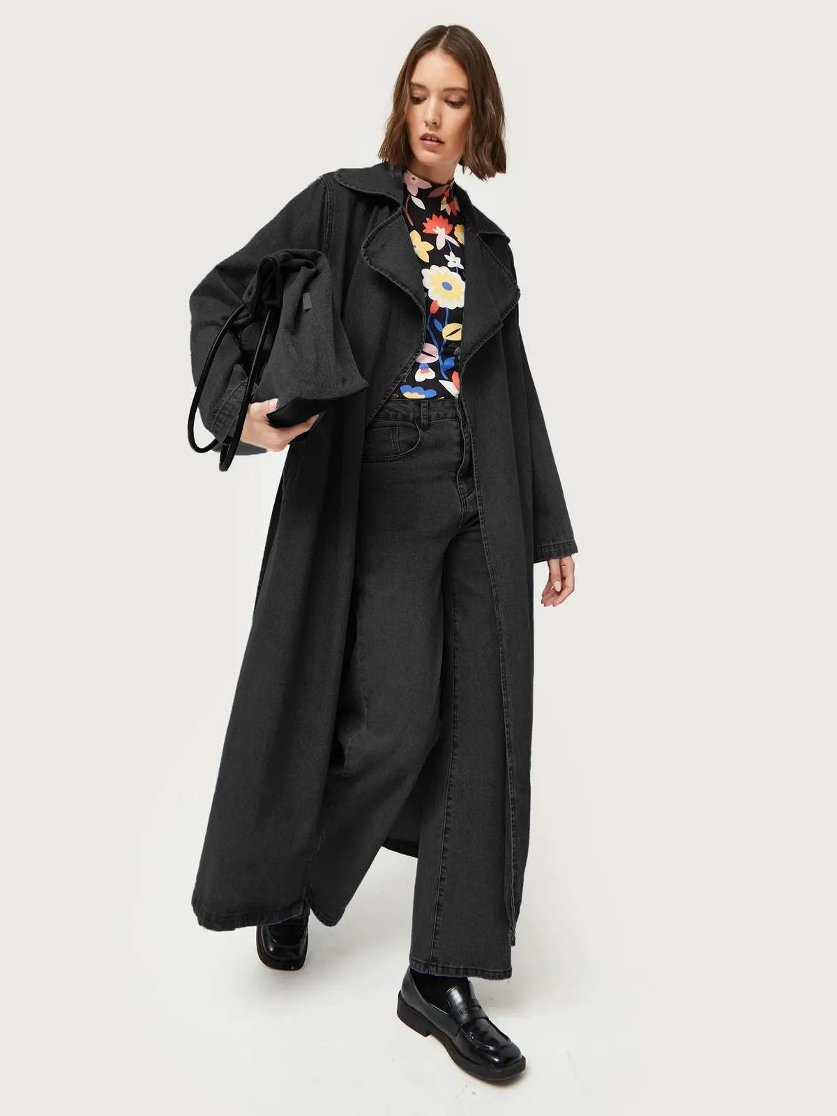 Compaia Fantasica Wrap Trench Coat - Black Washed Denim