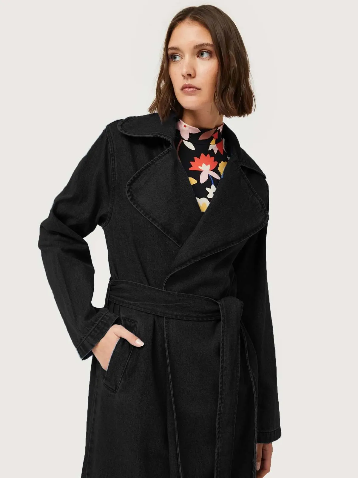 Compaia Fantasica Wrap Trench Coat - Black Washed Denim