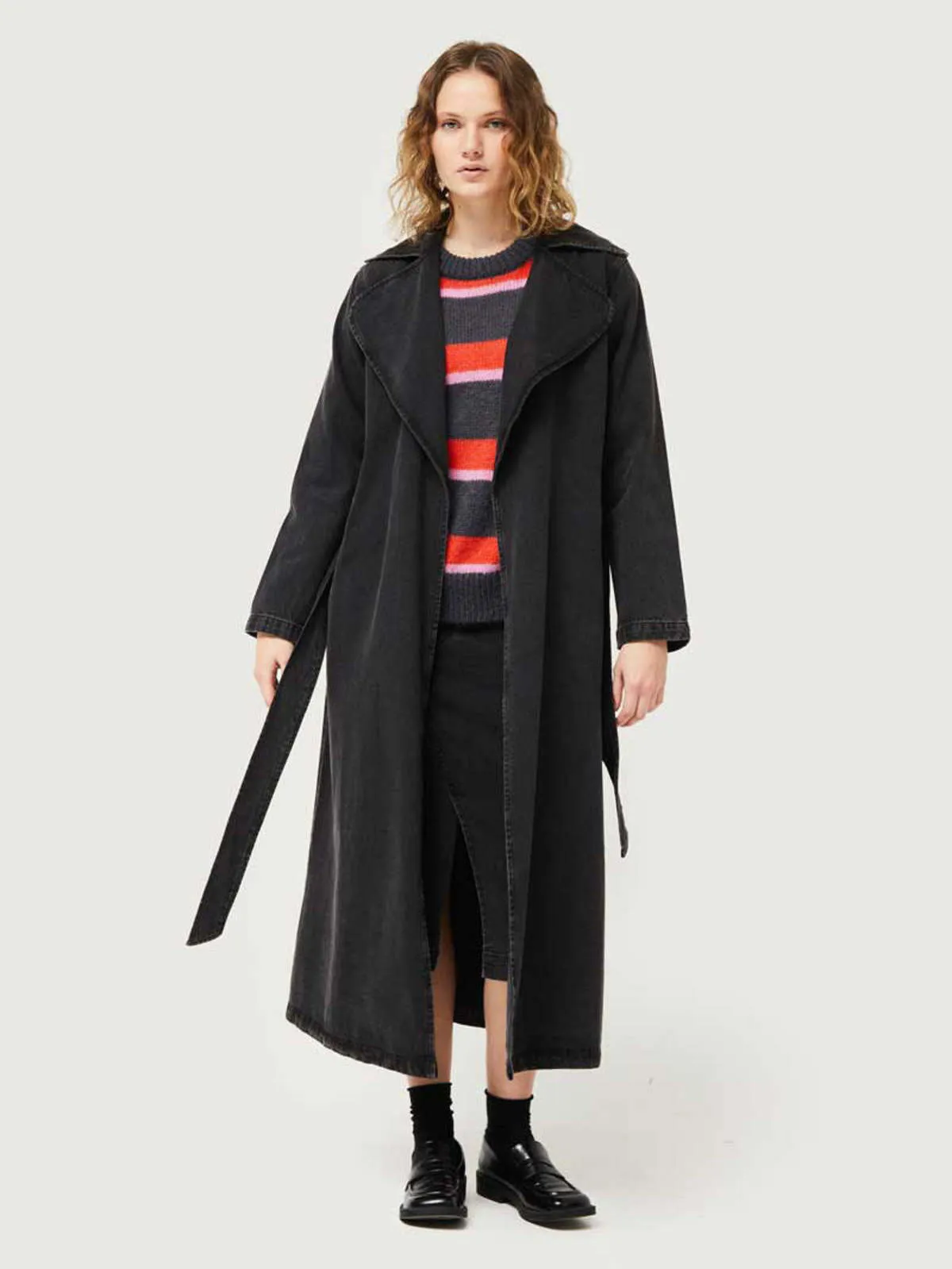 Compaia Fantasica Wrap Trench Coat - Black Washed Denim