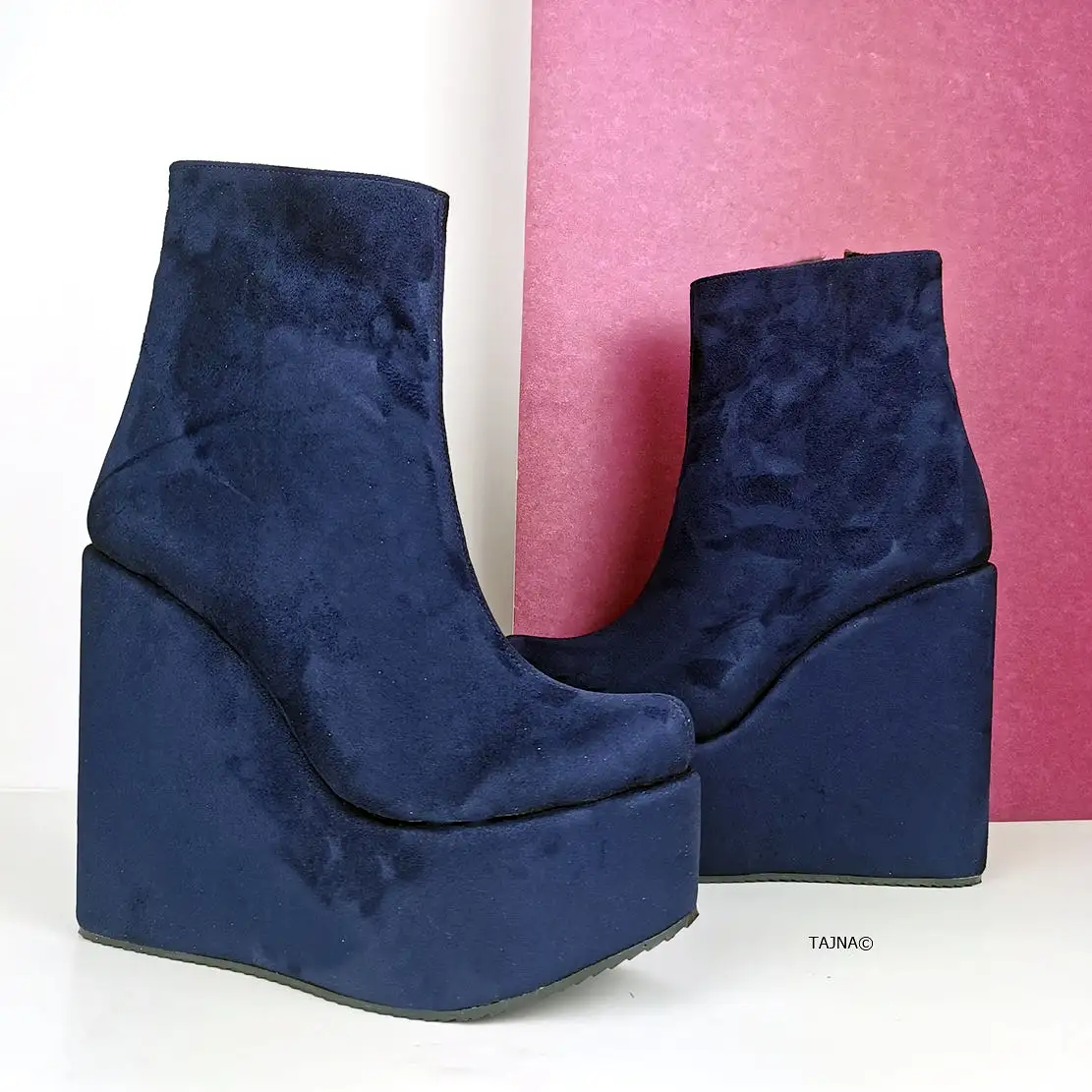 Dark Blue Suede Platform Wedge Boots