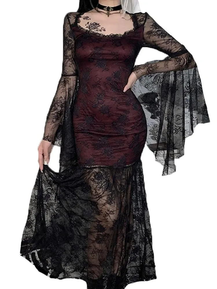 Dark Gothic Aesthetic Vintage Bodycin Dresses Women's Lace Patchwork Grunge Black Dress Flare Sleeve See Through Sexy Partywear