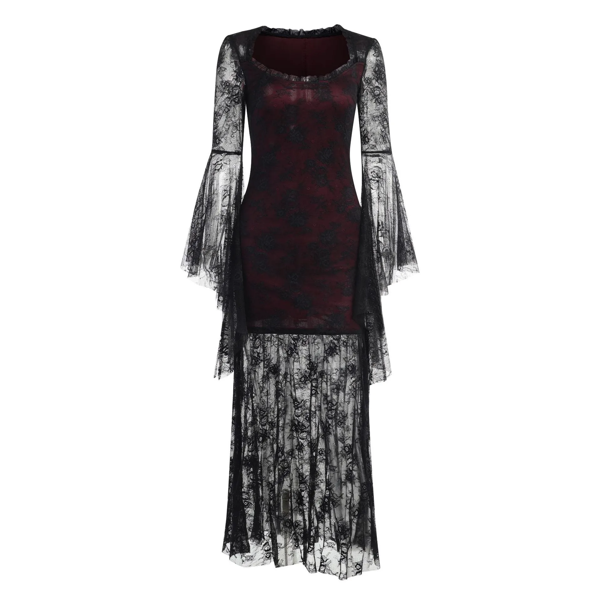 Dark Gothic Aesthetic Vintage Bodycin Dresses Women's Lace Patchwork Grunge Black Dress Flare Sleeve See Through Sexy Partywear