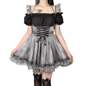 Dark Gothic Y2k Mini Dress Emo Alt Women Vintage Mesh Patchwork Lace Up High Waist Academia Dress Harajuku Mall Goth Partywear