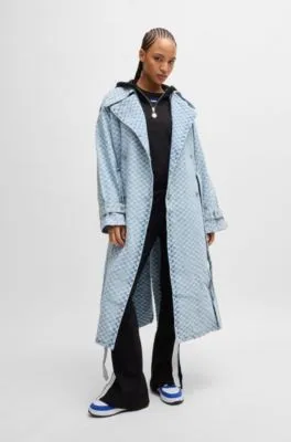 Denim trench coat with checkerboard jacquard