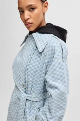 Denim trench coat with checkerboard jacquard