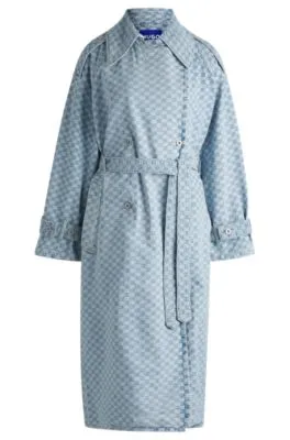 Denim trench coat with checkerboard jacquard