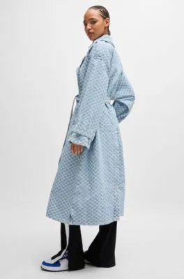 Denim trench coat with checkerboard jacquard