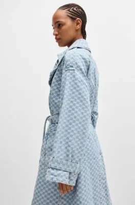 Denim trench coat with checkerboard jacquard