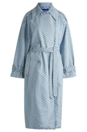 Denim trench coat with checkerboard jacquard