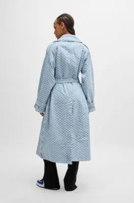 Denim trench coat with checkerboard jacquard