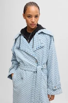 Denim trench coat with checkerboard jacquard