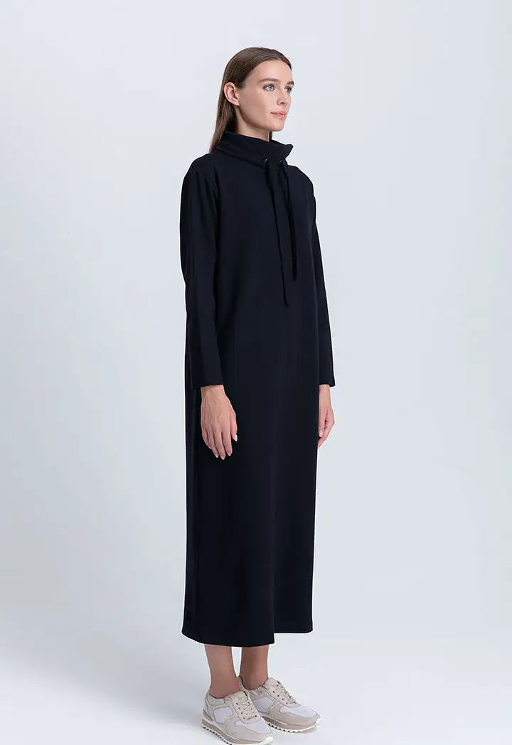 Drawstring Cowl Neck Long Dress