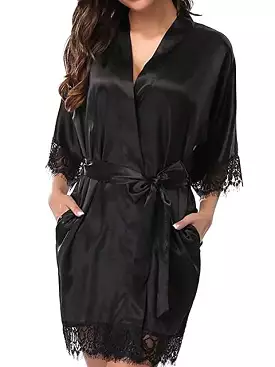 Exquisite Satin Women's Robe Gown Set with Lace Belt