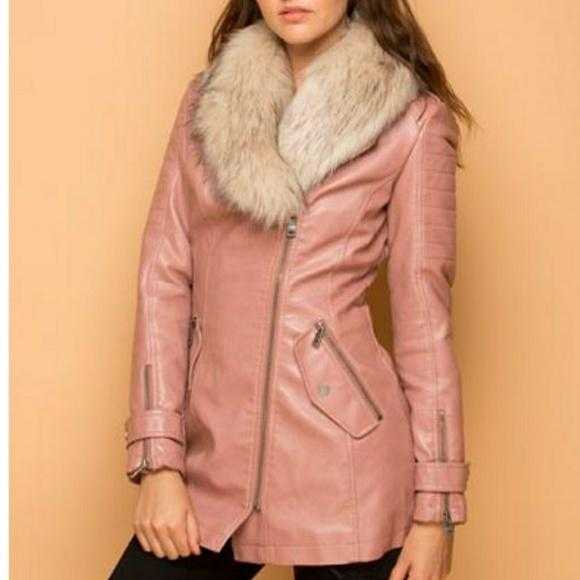 Faux Leather Coat Fur Collar