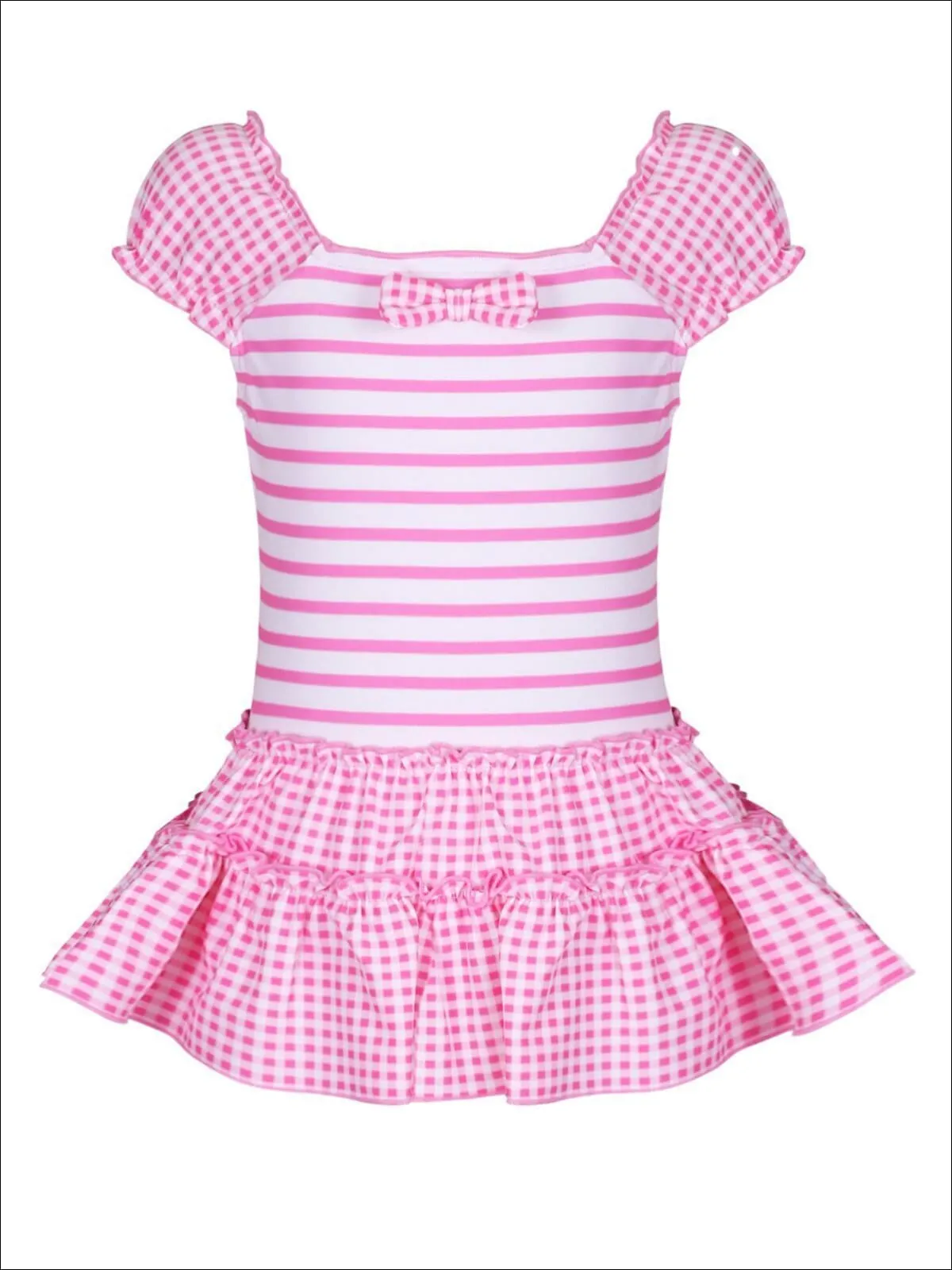 Girls Striped And Checkered Skirted One Piece with Bow Detail