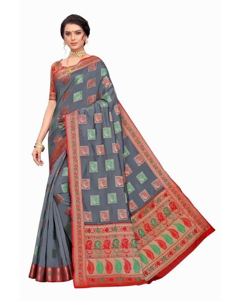 Grey Coloured Poly Silk Jacquard Partywear saree