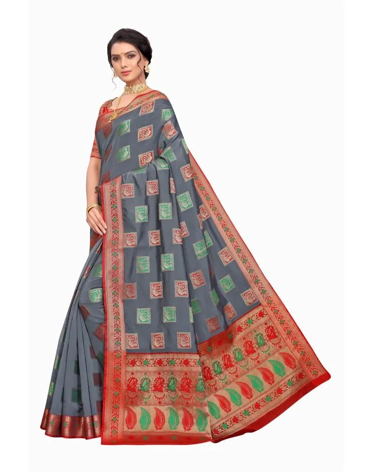 Grey Coloured Poly Silk Jacquard Partywear saree