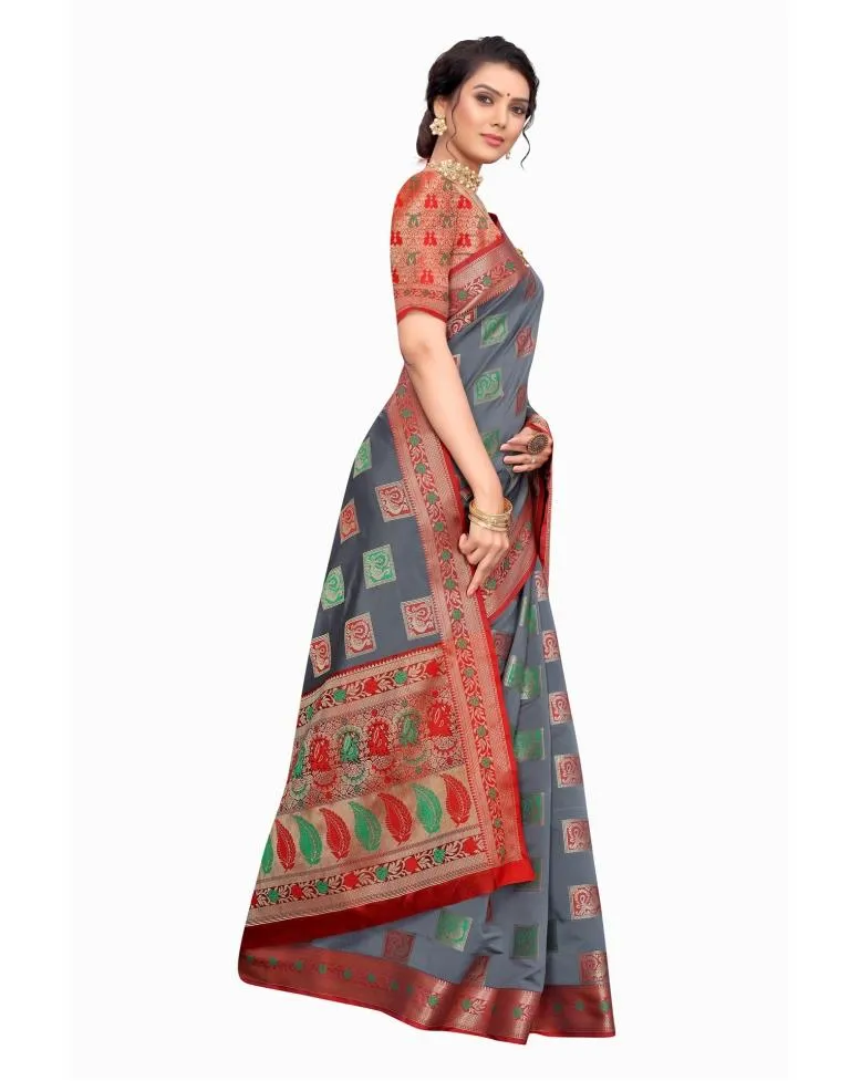 Grey Coloured Poly Silk Jacquard Partywear saree