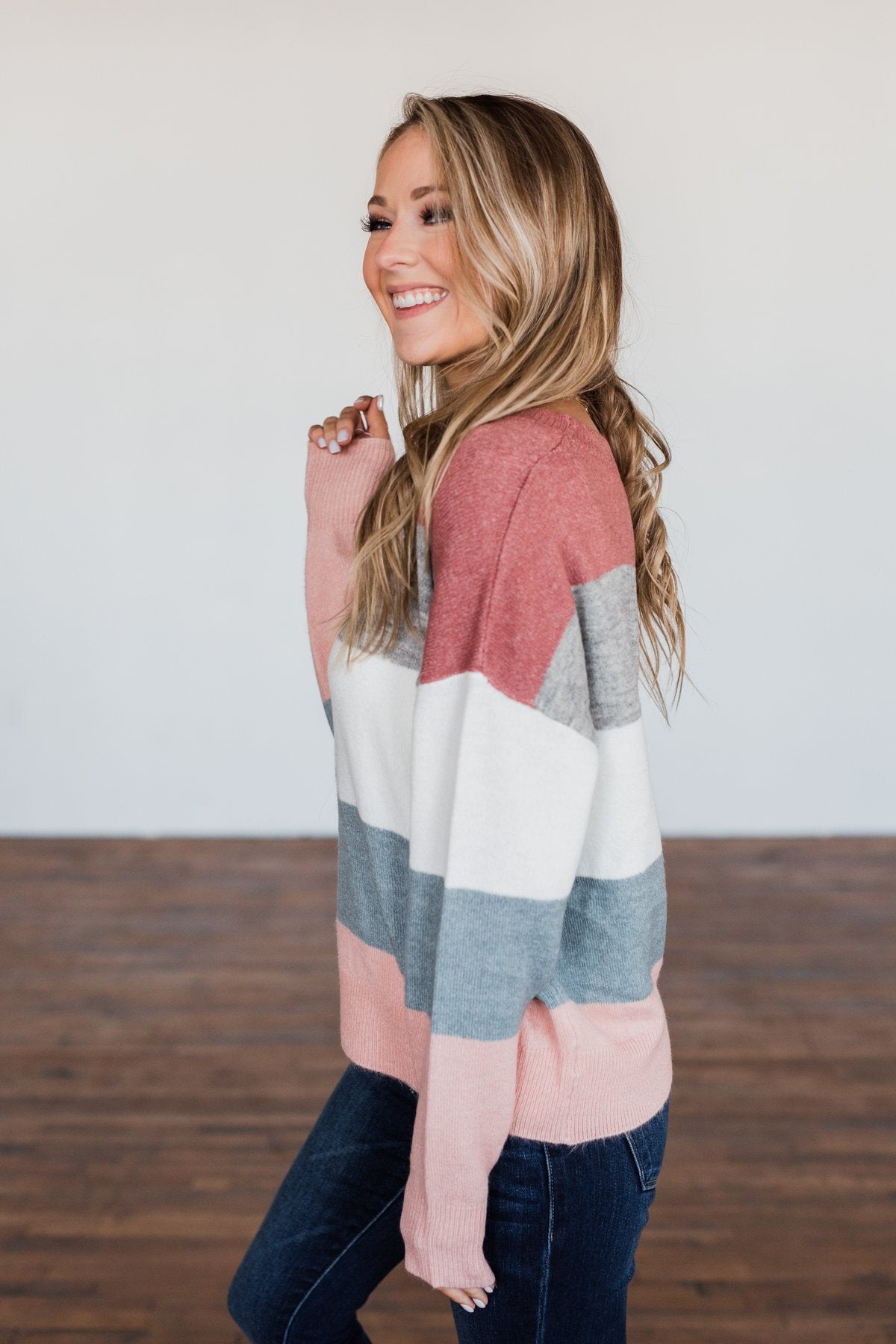 Heart's Desire Color Block Sweater- Mauve, Grey, & Denim Blue