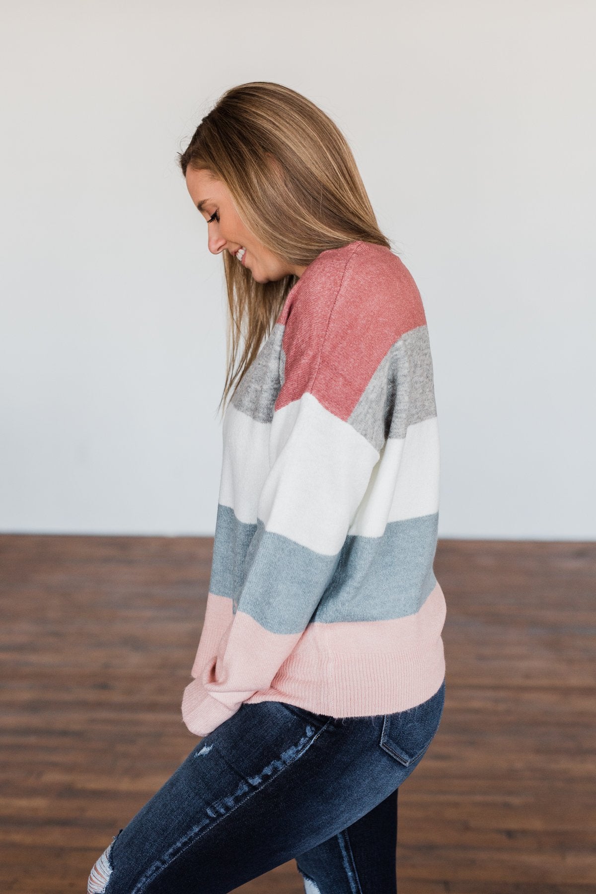 Heart's Desire Color Block Sweater- Mauve, Grey, & Denim Blue