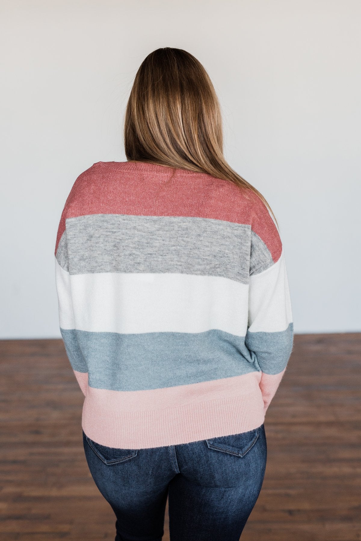 Heart's Desire Color Block Sweater- Mauve, Grey, & Denim Blue