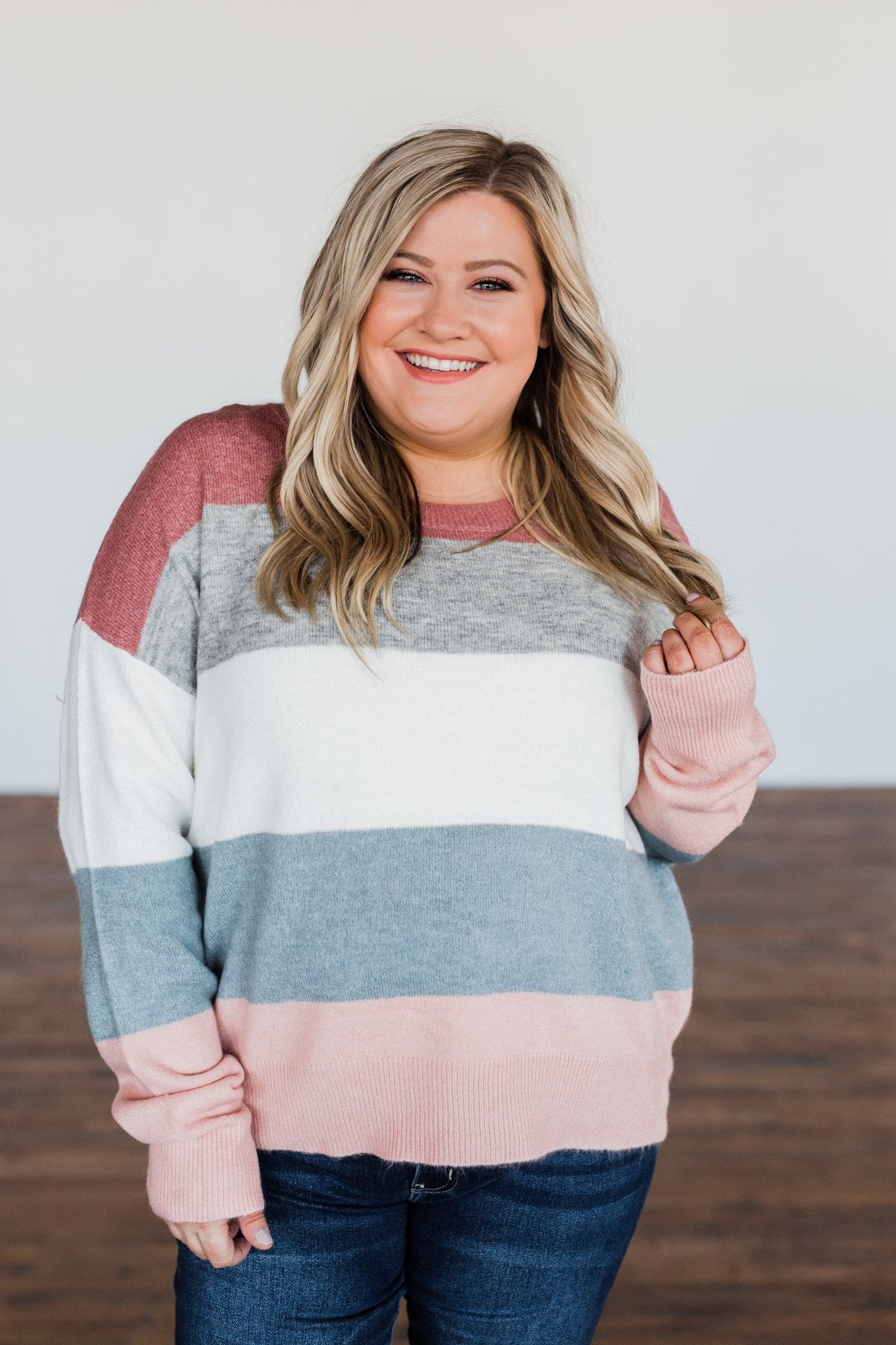 Heart's Desire Color Block Sweater- Mauve, Grey, & Denim Blue