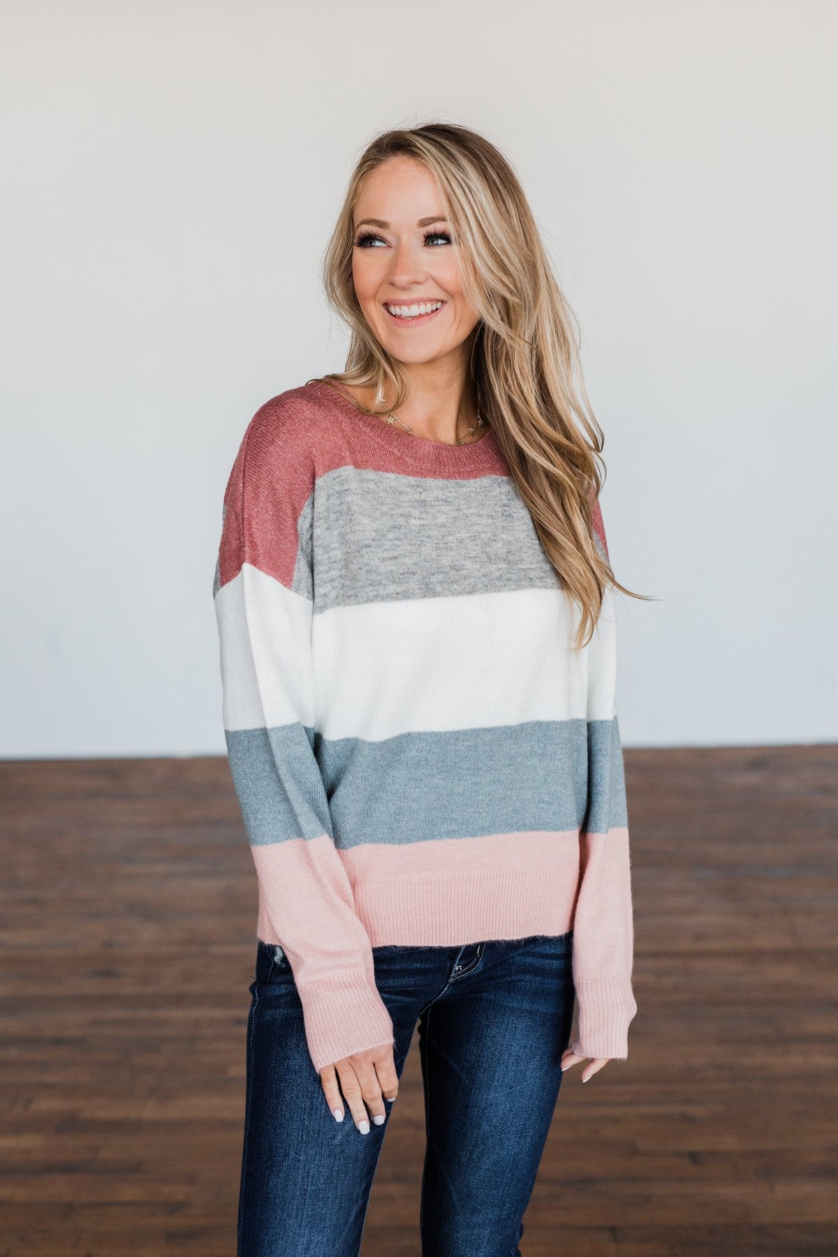 Heart's Desire Color Block Sweater- Mauve, Grey, & Denim Blue