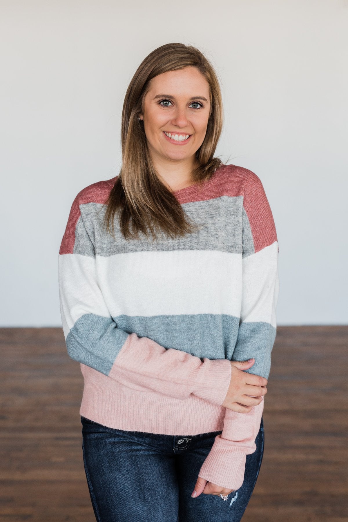 Heart's Desire Color Block Sweater- Mauve, Grey, & Denim Blue