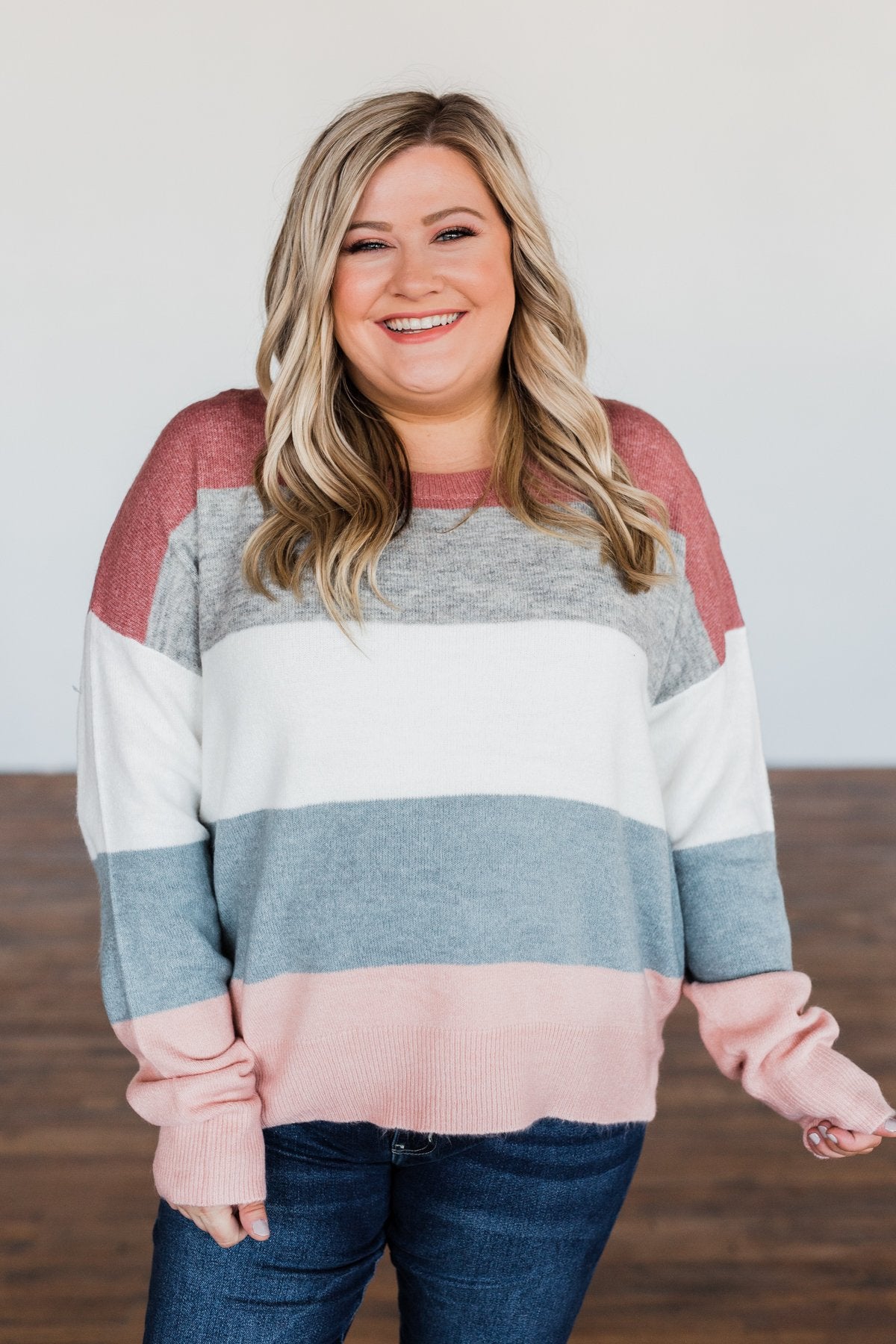 Heart's Desire Color Block Sweater- Mauve, Grey, & Denim Blue