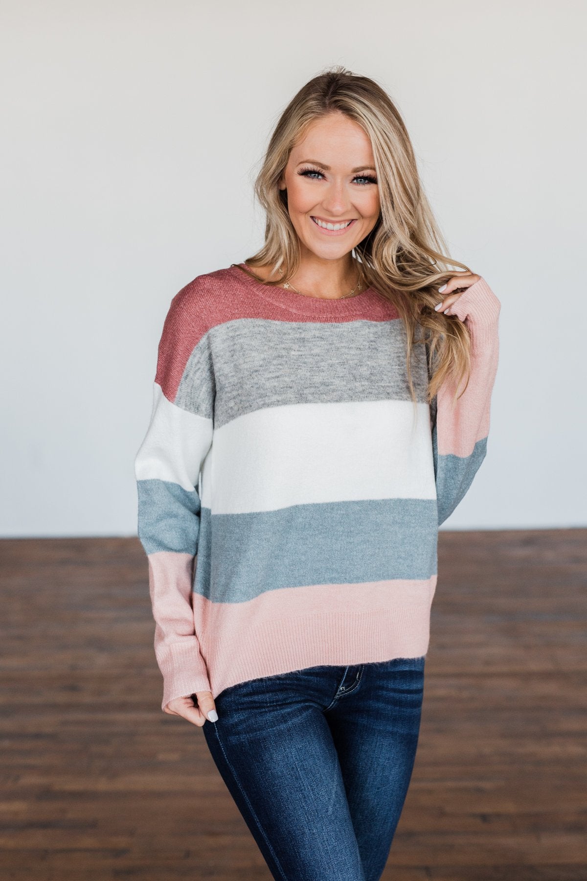 Heart's Desire Color Block Sweater- Mauve, Grey, & Denim Blue