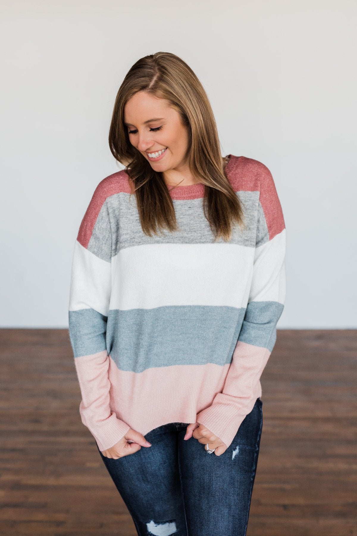 Heart's Desire Color Block Sweater- Mauve, Grey, & Denim Blue