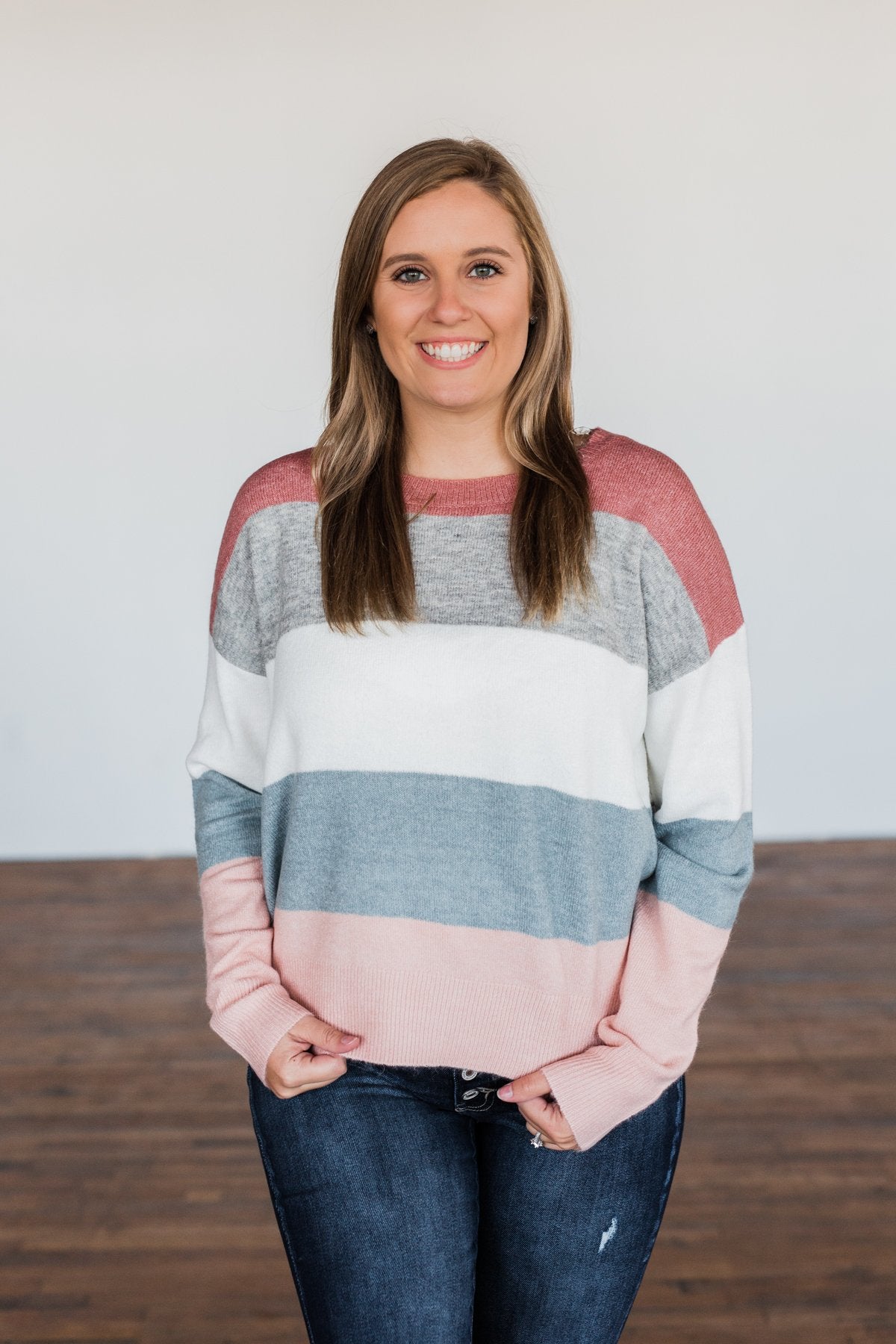 Heart's Desire Color Block Sweater- Mauve, Grey, & Denim Blue