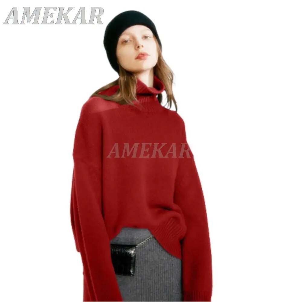 High Collared Cashmere Sweater Autumn Winter New Female Thick Loose Pullover Sweater Knitting Base Sweater